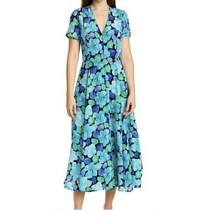 DYVNA Blue Tonal Leaves Button Front Midi Dress NWT Size Large